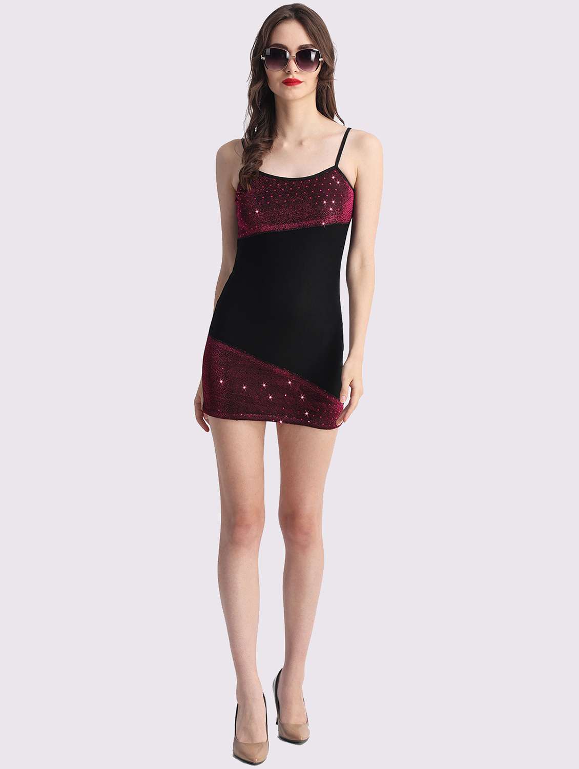 women emebllished shoulder strap bodycon dress