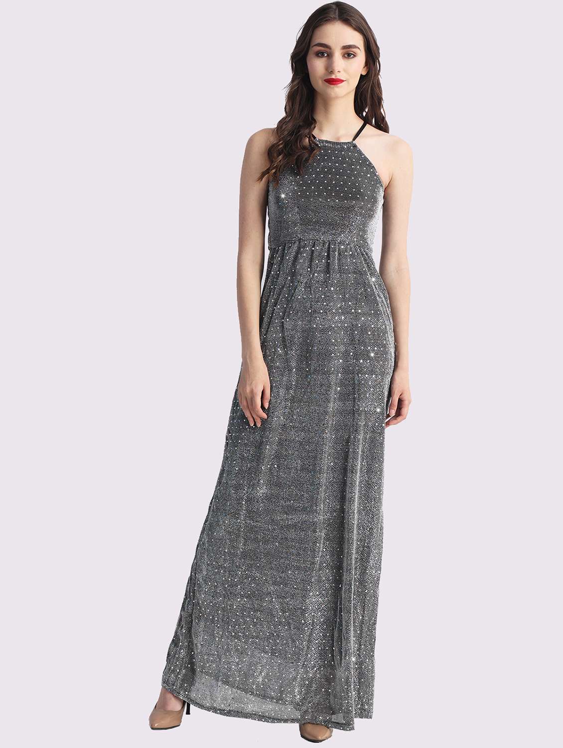 womengrey sequined shoulder strap a-line dress