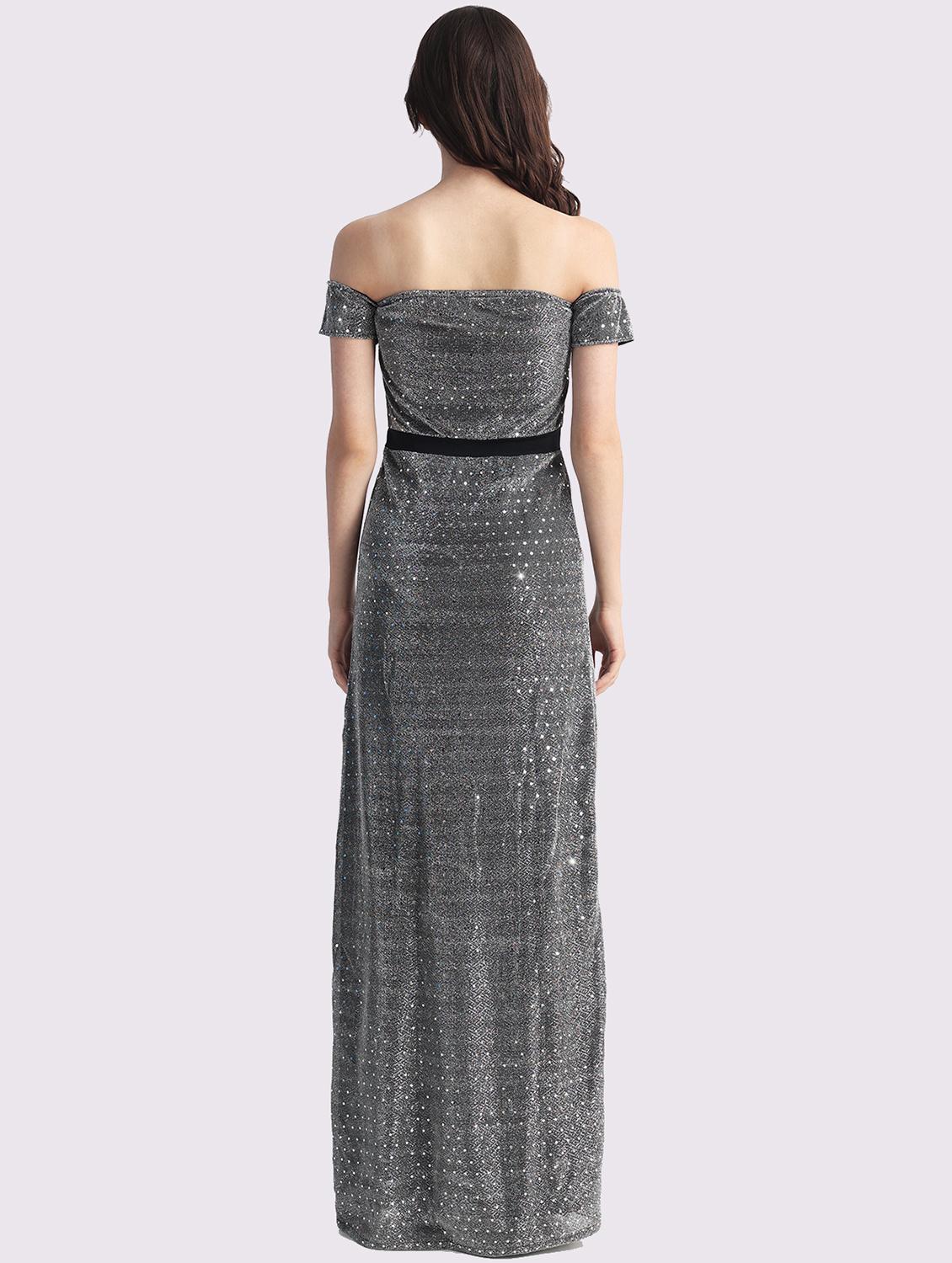 women grey sequined off shoulder a-line dress - 22054175 - Standard Image - 2