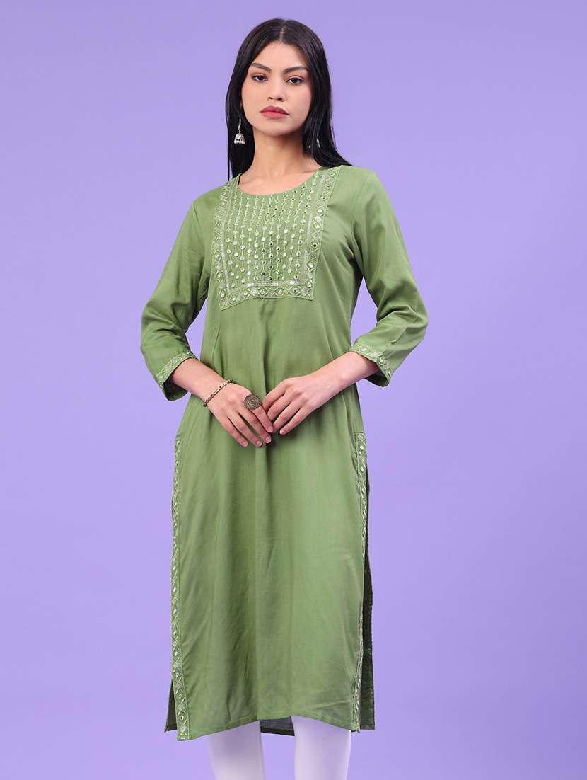 women solid with work three quarter sleeve straight kurta