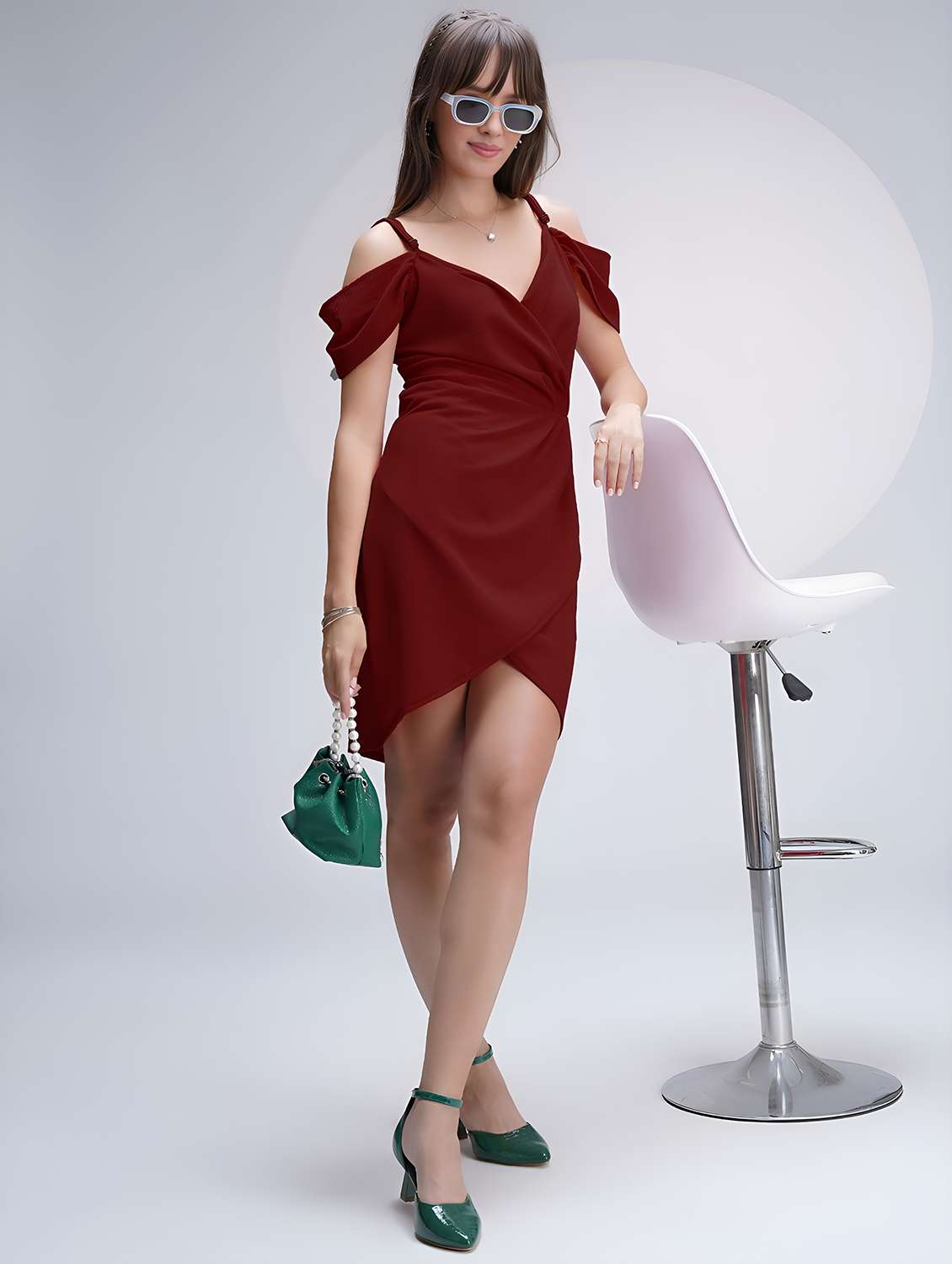 maroon polyester fit & flare dress