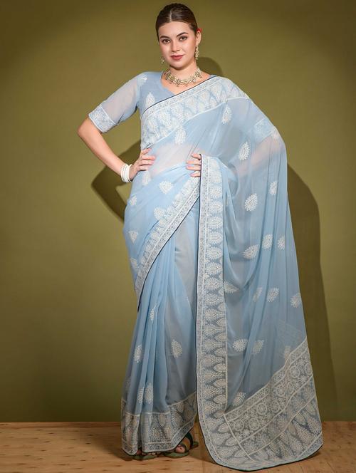 women solid with work embroidered saree with blouse - 22055067 - Standard Image - 0