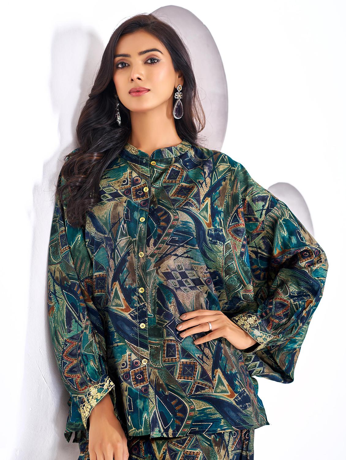 women printed kimono sleeve regular fit ethnic co-ord set - 22055074 - Standard Image - 2