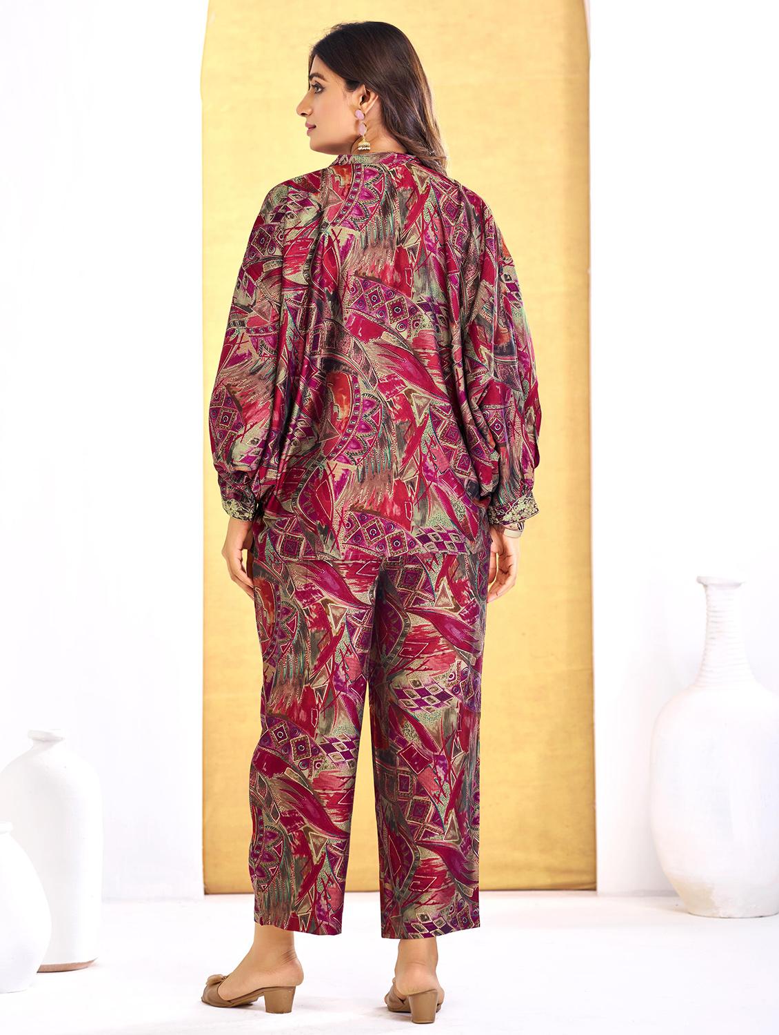 women printed kimono sleeve regular fit ethnic co-ord set - 22055075 - Standard Image - 2
