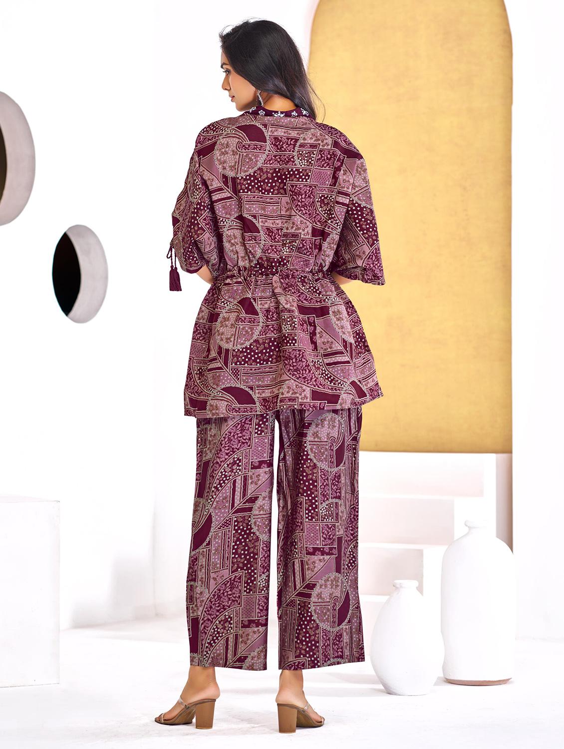 women printed kimono sleeve regular fit ethnic co-ord set - 22055078 - Standard Image - 2