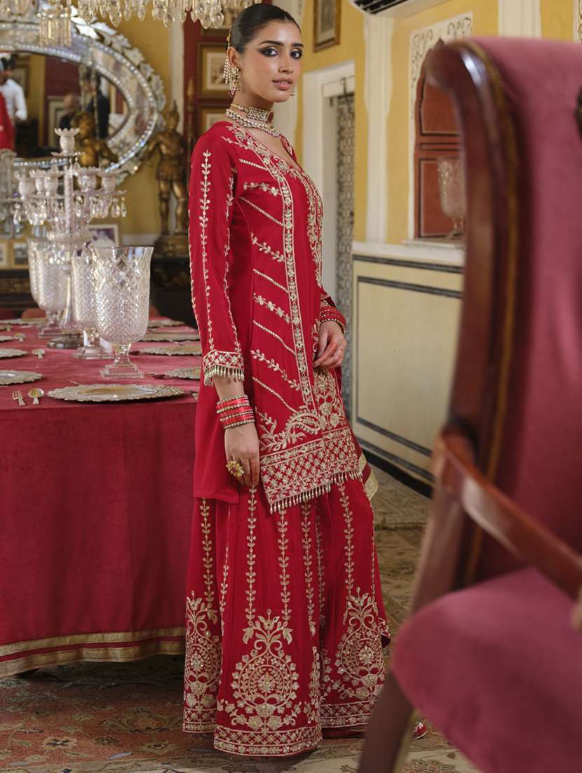 women embroidered three quarter sleeve kurta sharara with dupatta set - 22055090 - Standard Image - 2