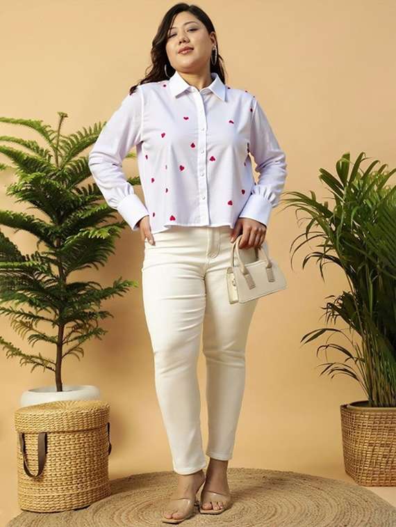 women plus size solid collared long sleeve shirt - 22055100 -  Standard Image - 2