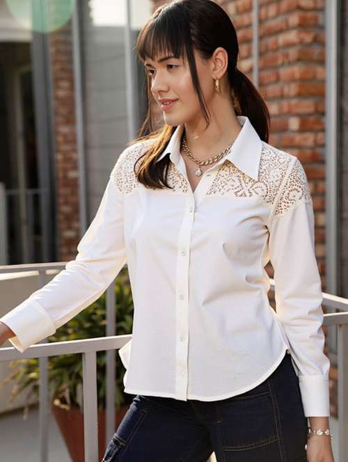 women solid collared long sleeve shirt - 22055123 - Standard Image - 0