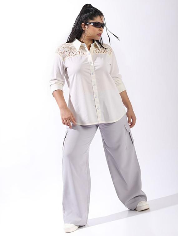 women plus size solid collared long sleeve shirt - 22055129 - Standard Image - 2