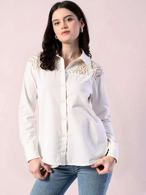 women solid collared long sleeve shirt - 22055130 - Standard Image - 0