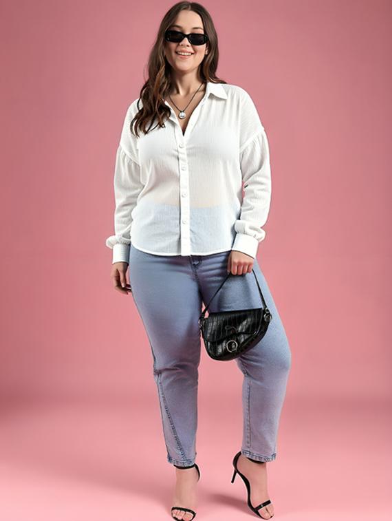 women plus size solid collared long sleeve shirt - 22055137 - Standard Image - 2