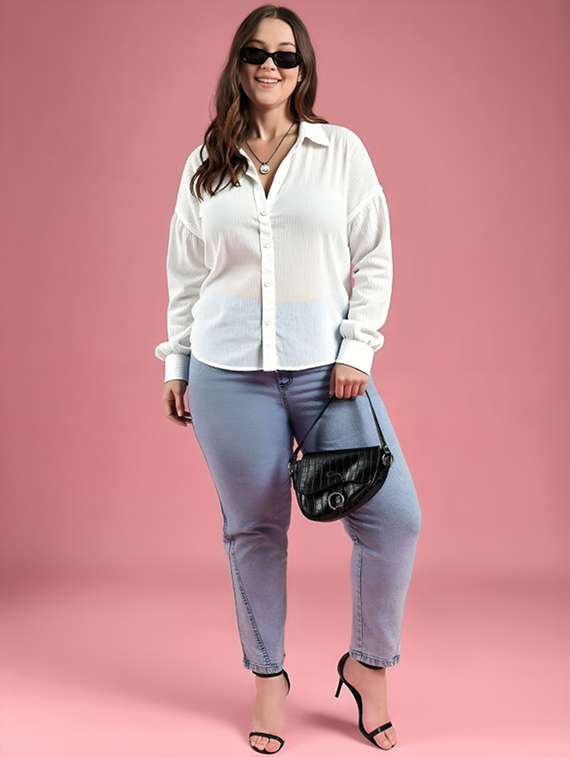 women plus size solid collared long sleeve shirt - 22055137 -  Standard Image - 2