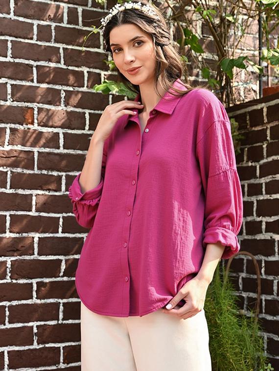women solid collared long sleeve relaxed fit shirt - 22055138 - Zoom Image - 0
