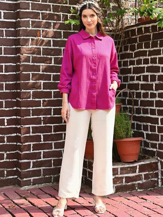 women solid collared long sleeve relaxed fit shirt - 22055138 - Standard Image - 2