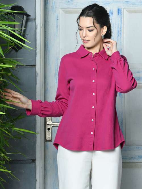 women solid collared long sleeve relaxed fit shirt - 22055140 - Standard Image - 0