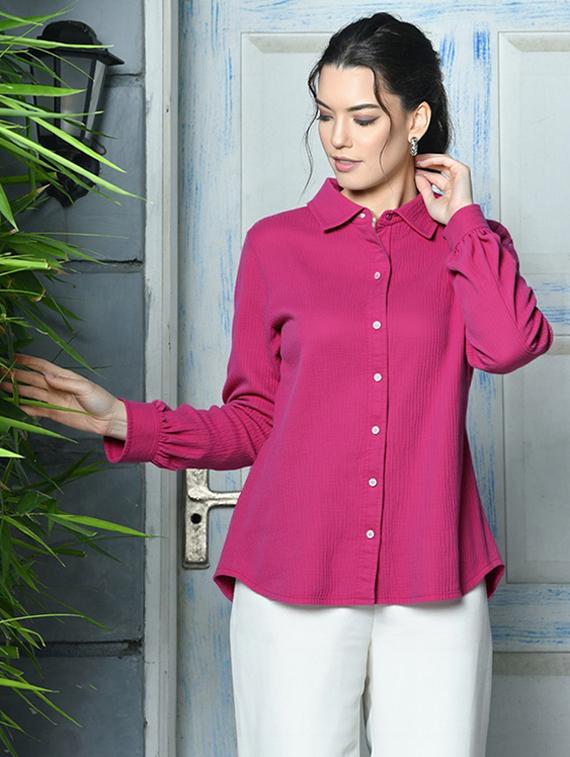 women solid collared long sleeve relaxed fit shirt - 22055140 - Zoom Image - 0