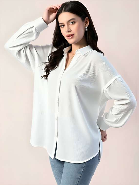 women solid collared long sleeve relaxed fit shirt