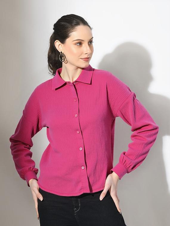 women solid collared long sleeve relaxed fit shirt - 22055145 - Zoom Image - 0