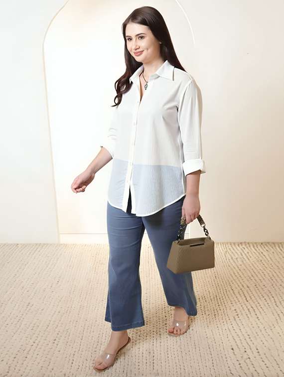 women plus size solid collared long sleeve shirt - 22055148 -  Standard Image - 2