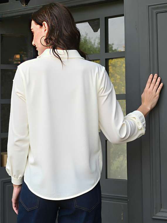 women solid collared long sleeve relaxed fit shirt - 22055152 - Standard Image - 2