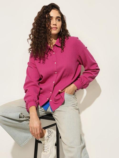 women solid collared long sleeve oversized shirt - 22055153 - Standard Image - 0