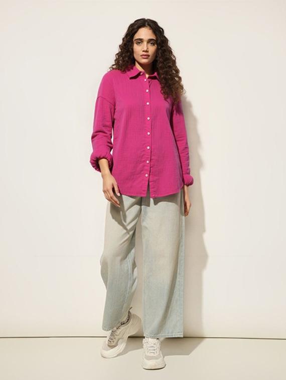 women solid collared long sleeve oversized shirt - 22055153 - Standard Image - 2