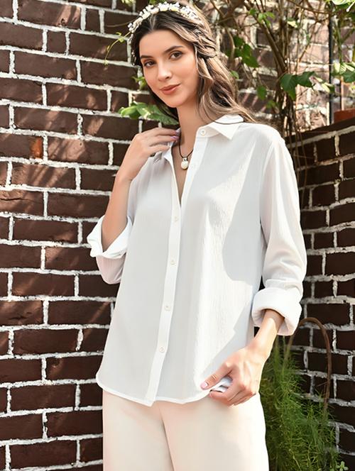 women solid collared long sleeve relaxed fit shirt - 22055155 -  Standard Image - 0