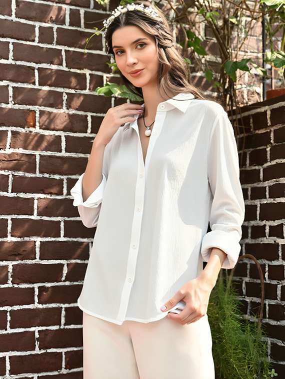 women solid collared long sleeve relaxed fit shirt - 22055155 - Zoom Image - 0