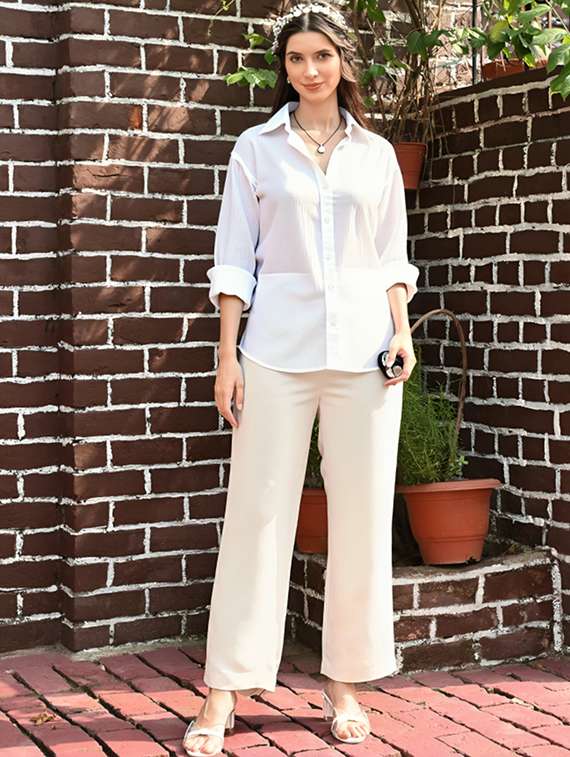 women solid collared long sleeve relaxed fit shirt - 22055155 - Standard Image - 2