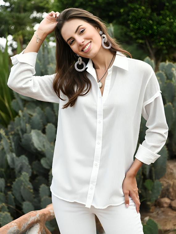 women solid collared long sleeve relaxed fit shirt - 22055157 - Standard Image - 2