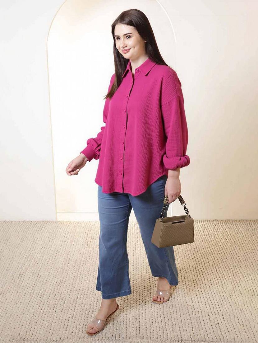 women plus size solid collared long sleeve shirt - 22055160 - Standard Image - 2