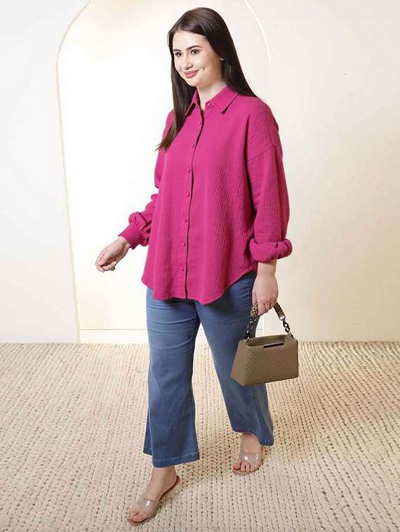 women plus size solid collared long sleeve shirt - 22055160 - Standard Image - 2