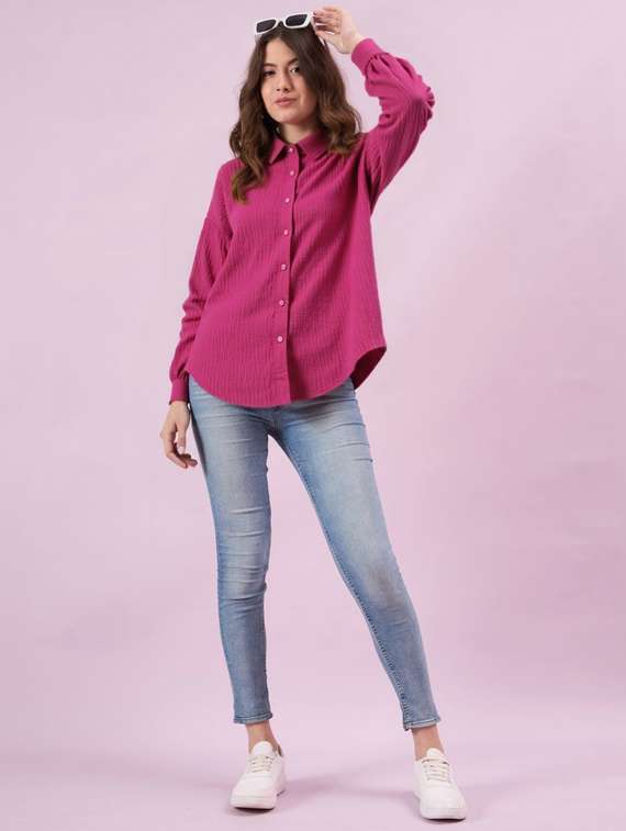 women solid collared long sleeve relaxed fit shirt - 22055166 - Standard Image - 2