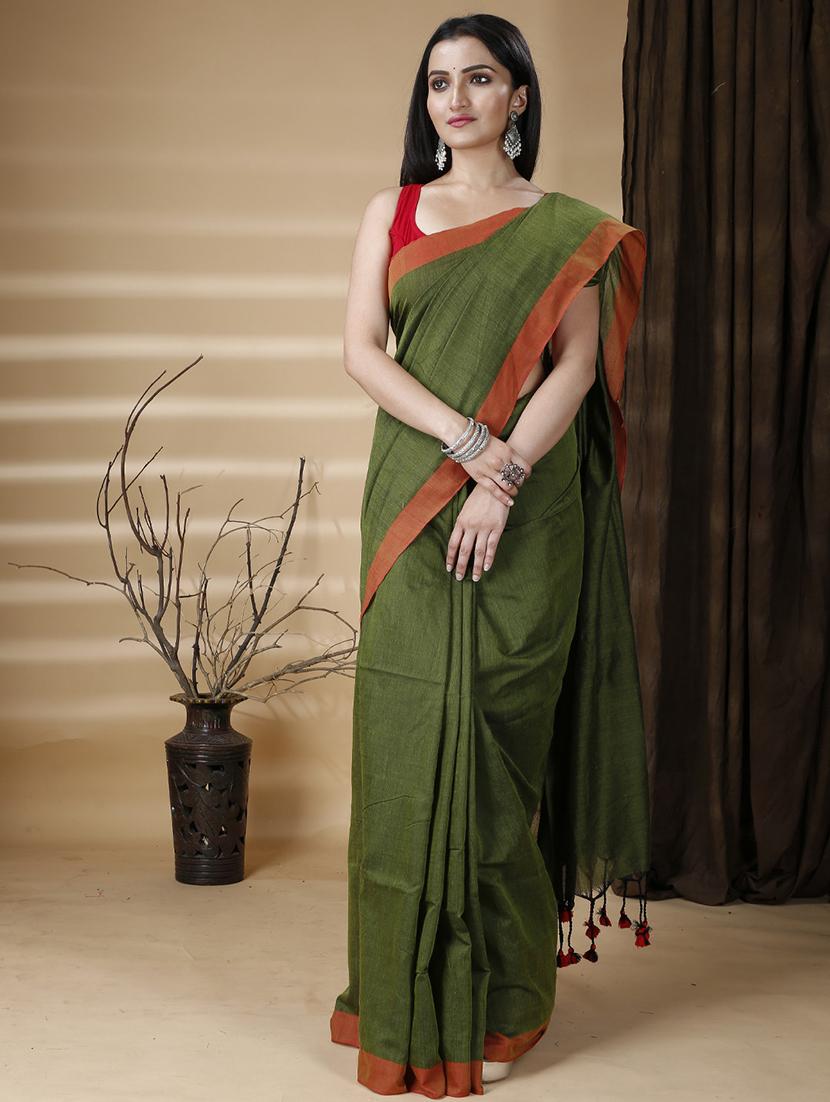 women solid with bordered handloom saree - 22055211 - Standard Image - 2
