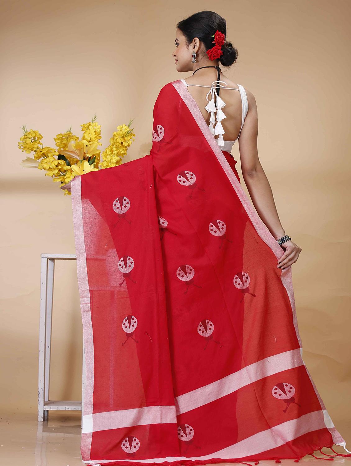 red cotton handloom saree - 22055476 - Standard Image - 2