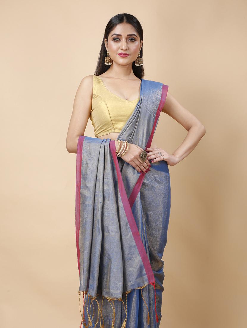 blue linen handloom saree - 22055516 - Standard Image - 2