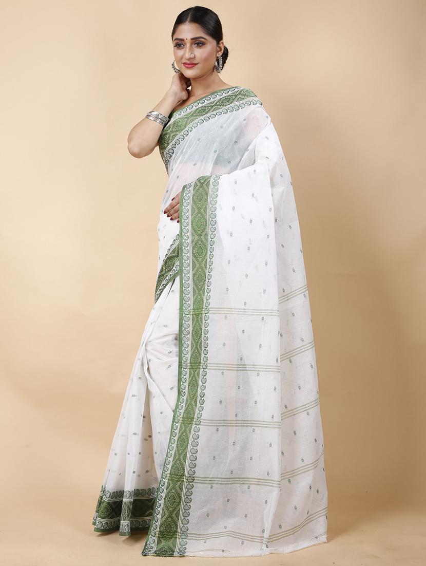white cotton blend tant saree - 22055523 - Standard Image - 2