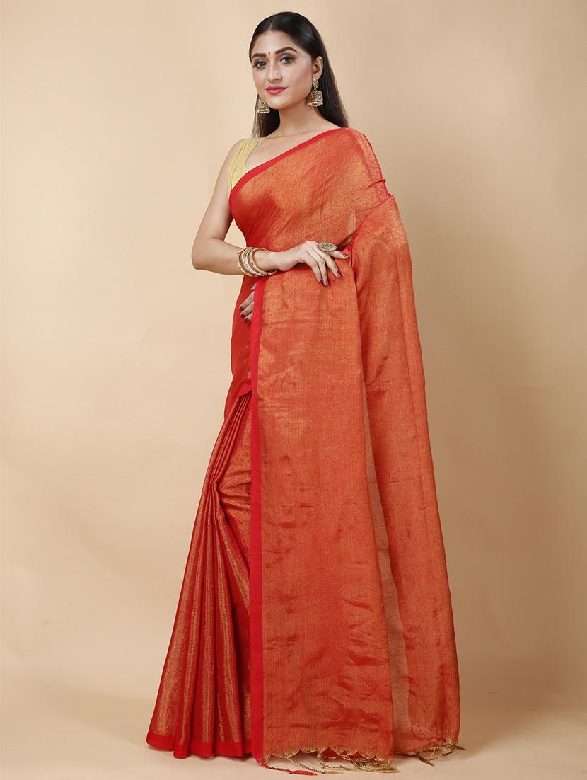 orange linen handloom saree - 22055547 - Standard Image - 2
