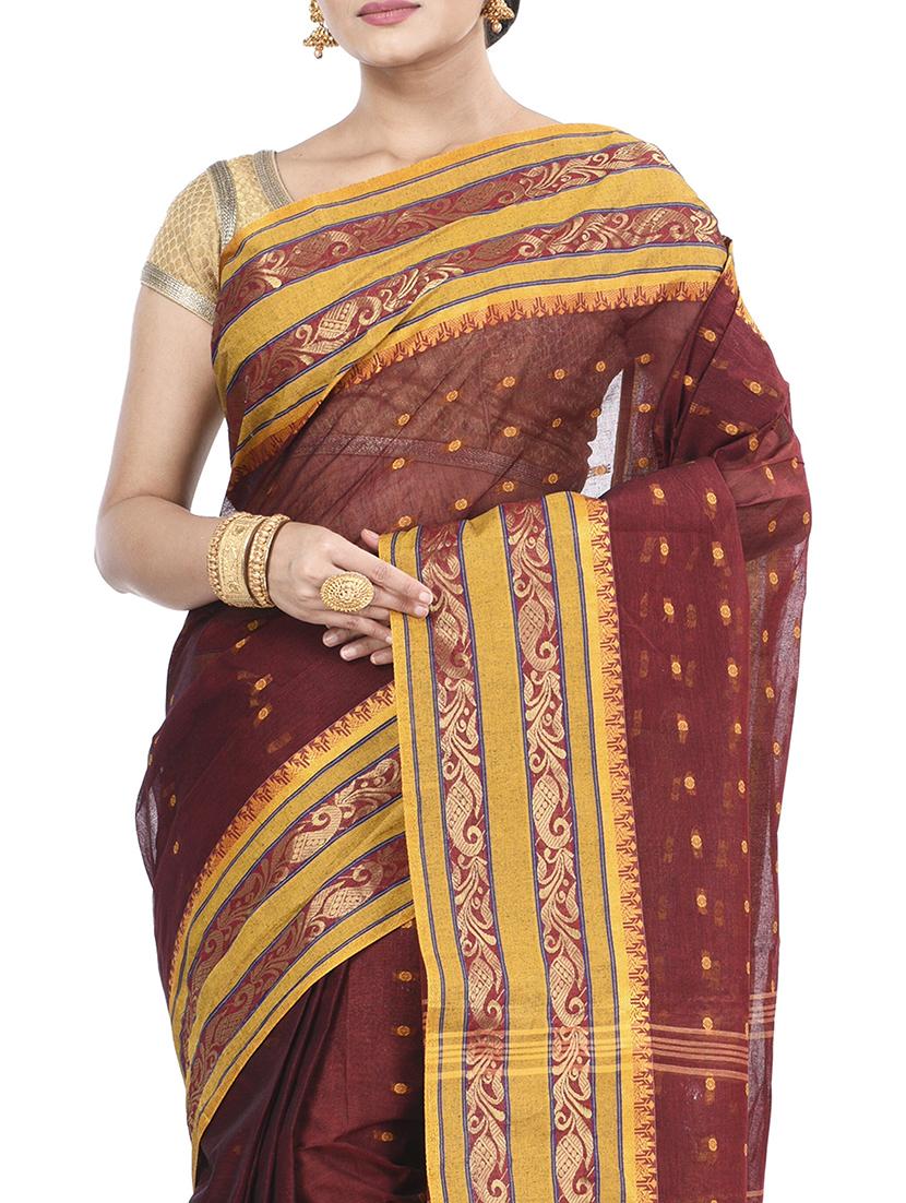 maroon cotton tant saree - 22055610 - Standard Image - 2