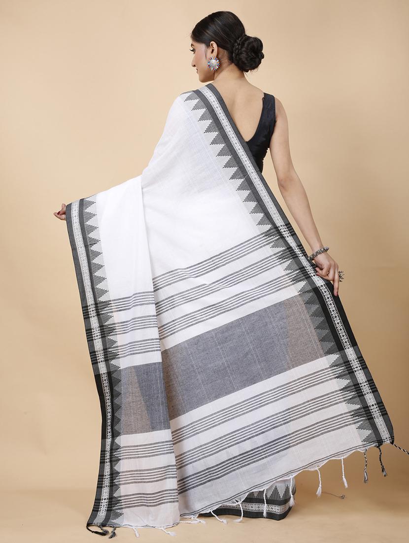 white cotton handloom saree - 22055705 - Standard Image - 2
