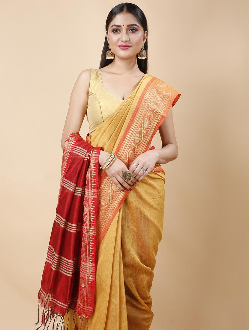 yellow cotton blend bordered saree - 22055896 - Standard Image - 2