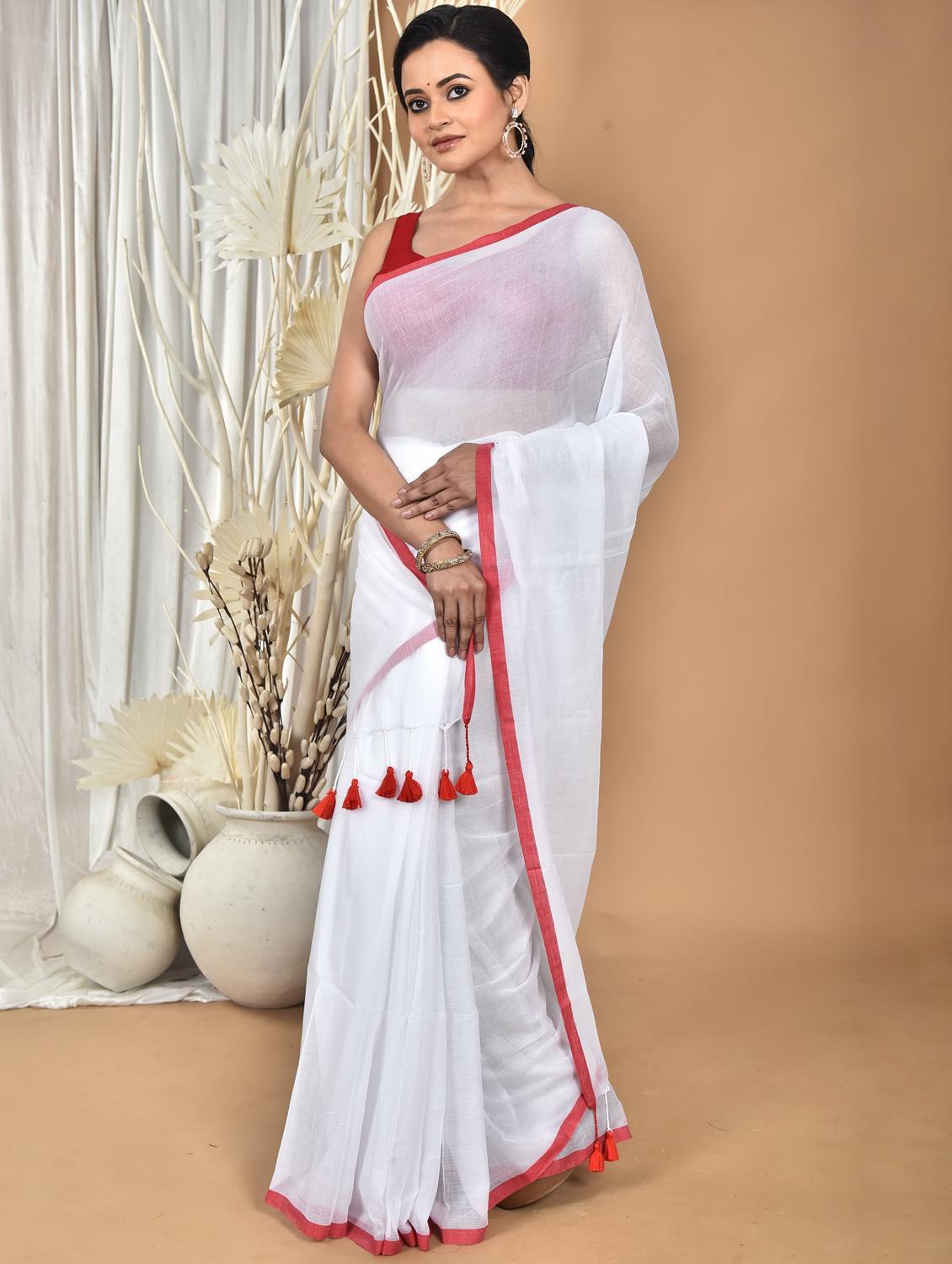 white cotton handloom saree - 22055942 - Standard Image - 2