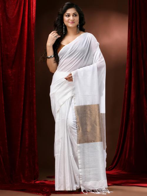 white cotton handloom saree - 22055964 - Standard Image - 0