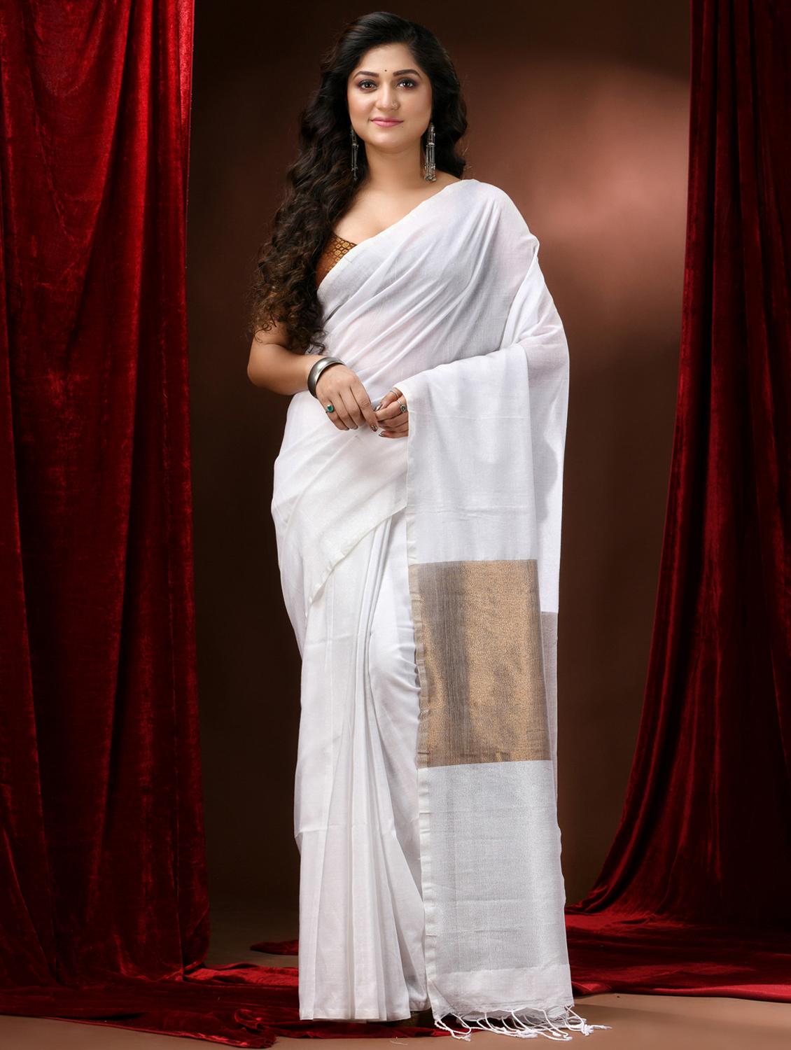 white cotton handloom saree - 22055964 - Standard Image - 2