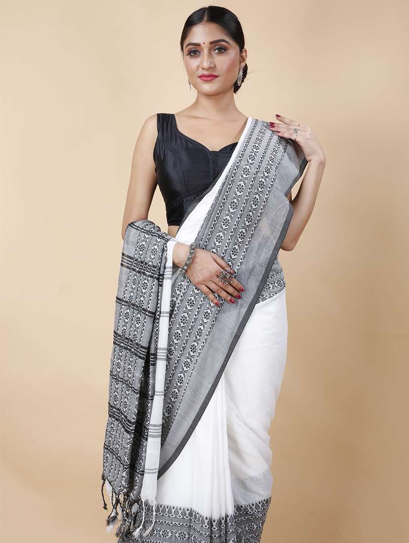white cotton handloom saree - 22056136 - Standard Image - 2
