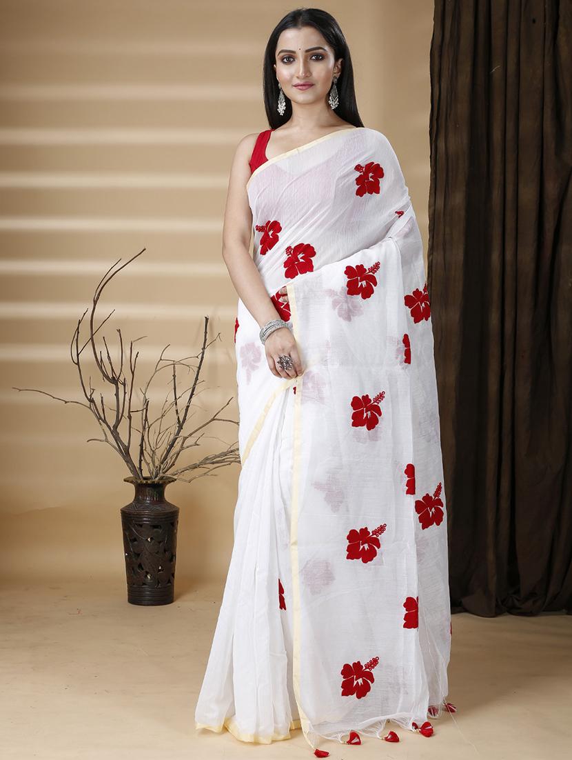 white cotton blend printed saree - 22056141 - Zoom Image - 0