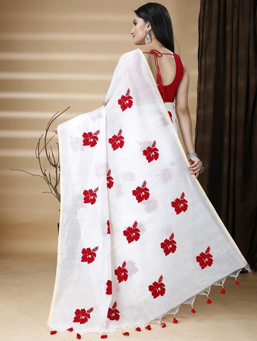 white cotton blend printed saree - 22056141 - Standard Image - 2