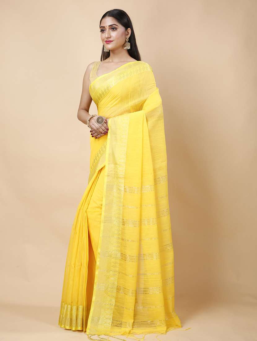 yellow cotton handloom saree - 22056177 - Standard Image - 2