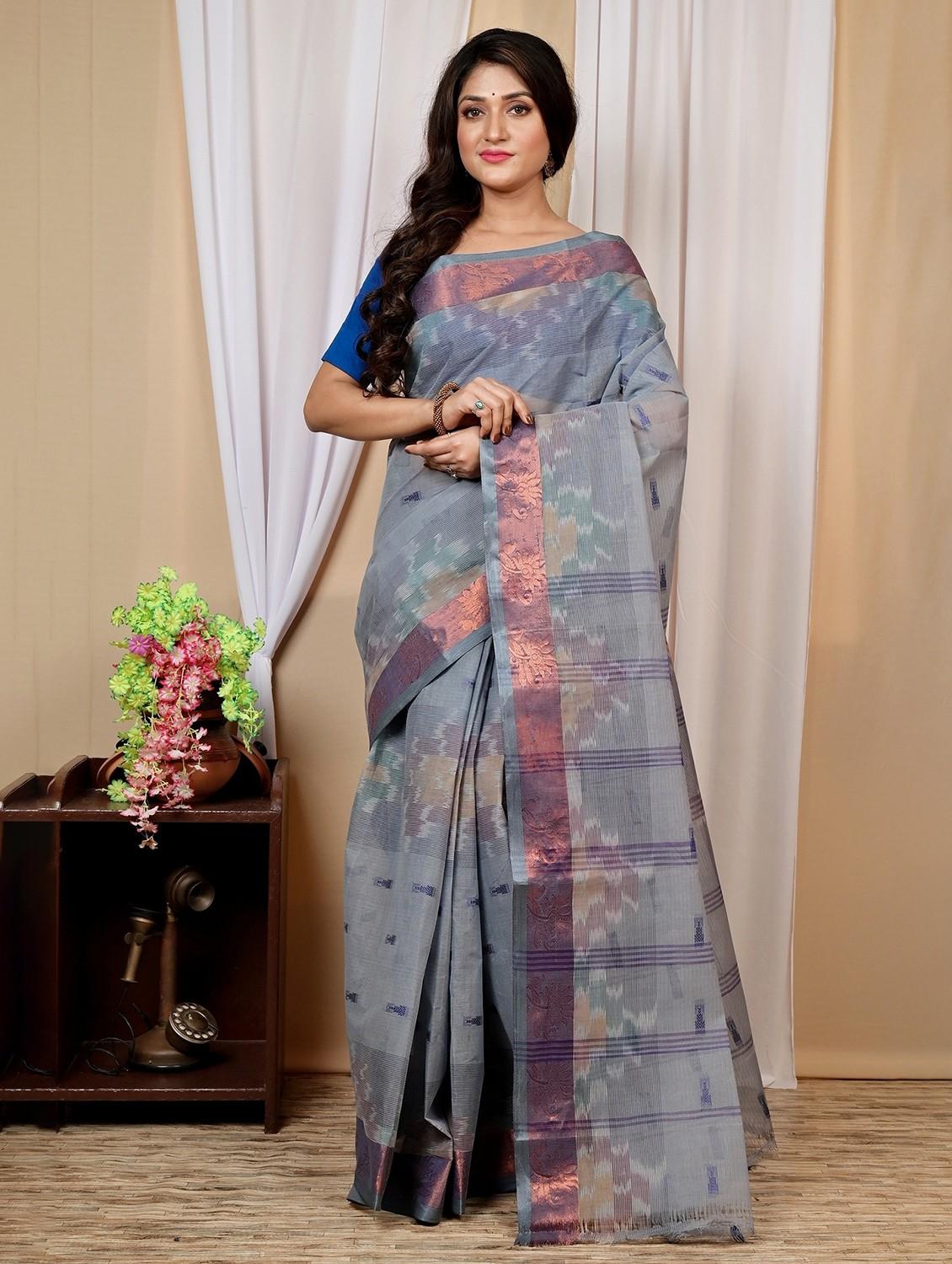 light blue cotton tant saree - 22056215 - Standard Image - 2