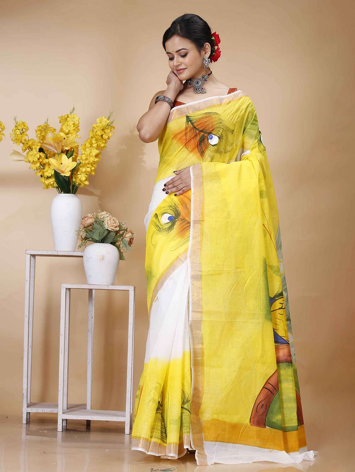 yellow cotton handloom saree - 22056435 - Standard Image - 2